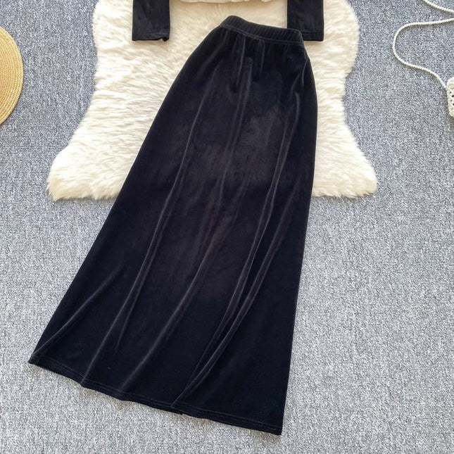 Senior Nail Drill Lotus Leaf Hem Splicing Long Sleeve Top High Waist Skirt Two Sets