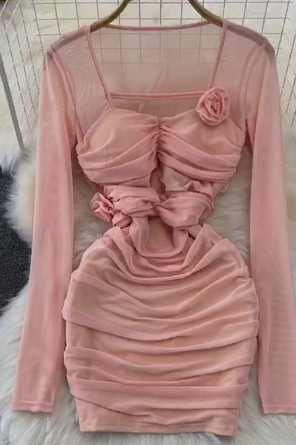 Spicy Girl Sexy Long Sleeve Square Neck Waist Shrinking Mesh Perspective 3D Flower Wrap Hip Dress