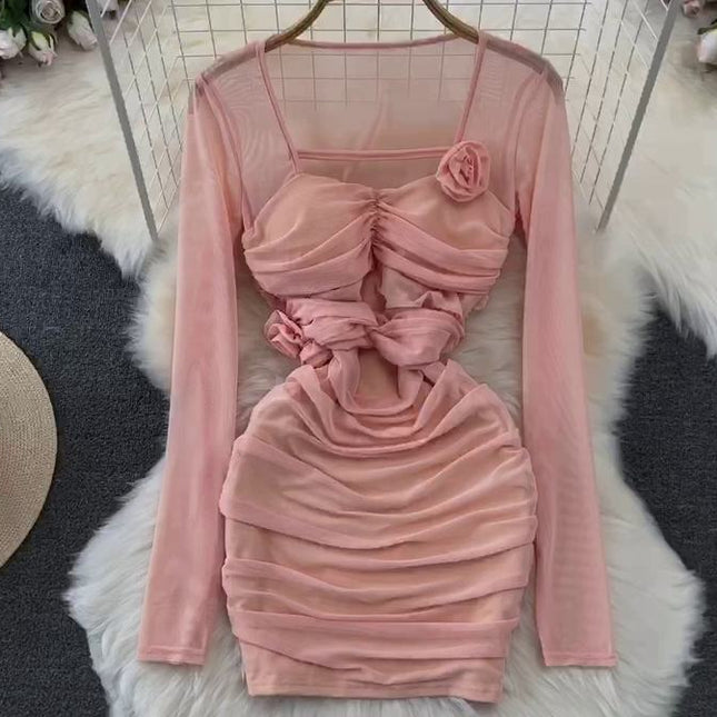 Spicy Girl Sexy Long Sleeve Square Neck Waist Shrinking Mesh Perspective 3D Flower Wrap Hip Dress