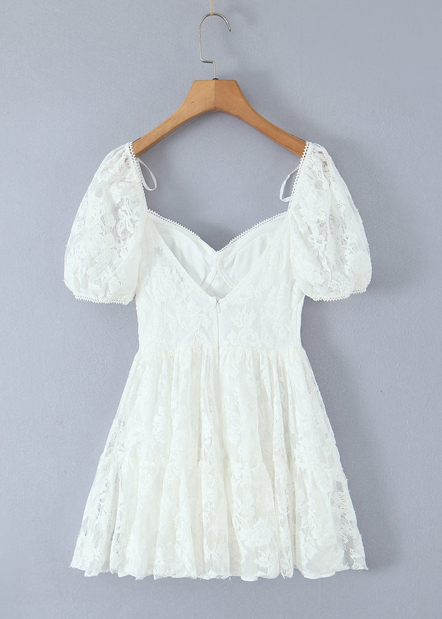 2 Colorway square Collar Short Sleeve Floral Lace Solid Color Casual Fashion Summer Mini Dress for Women