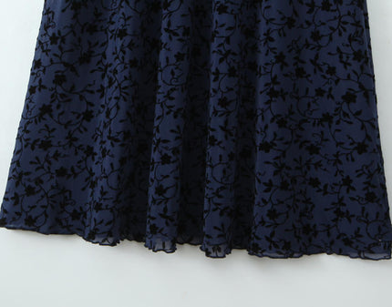 V Neck Short Sleeve Blue Color Floral Pattern Casual Fashion Midi Dress for Ladies