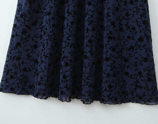 V Neck Short Sleeve Blue Color Floral Pattern Casual Fashion Midi Dress for Ladies