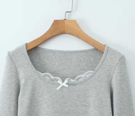 Square Collar Long Sleeve Gray Color Hot Sale Casual Fashion Cotton t Shirt for Women