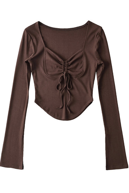 6 Colorway square Collar Front Lace up Long Sleeve Solid Color Casual Women t Shirt