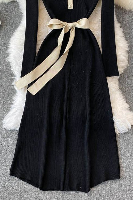 Autumn Winter New Knitted V-Neck Long Sleeve Women Black Sweater Fashion Casual Dresses