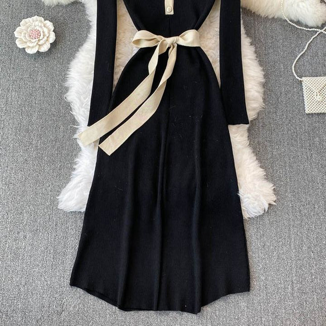 Autumn Winter New Knitted V-Neck Long Sleeve Women Black Sweater Fashion Casual Dresses