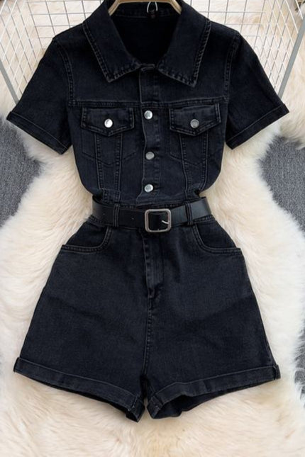 Summer Women's Polo Short Sleeve Single Breasted Denim Jumpsuit Fashion Wide Leg Shorts Jumpsuit