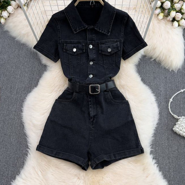 Summer Women's Polo Short Sleeve Single Breasted Denim Jumpsuit Fashion Wide Leg Shorts Jumpsuit