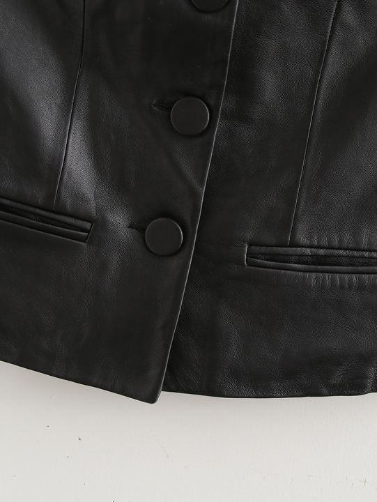 Strapless Black Color Buttons up Casual Fashion Leather tank Top for Women
