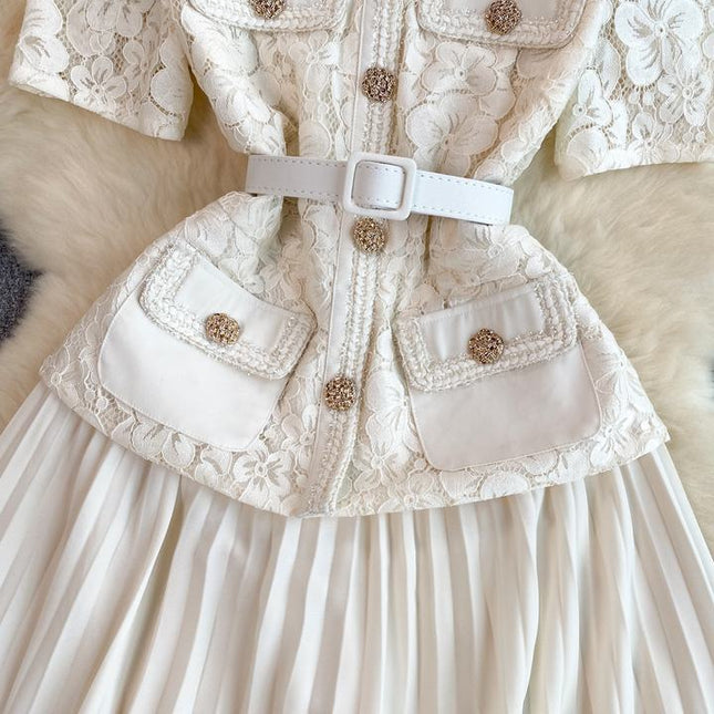 French Women Exquisite Square Neck Lace Patchwork Pleated Long Gown Elegant Casual Dress