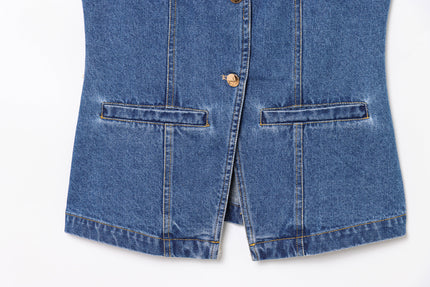 Crew Neck Buttons up Denim Blue Color Hot Sale Casual Fashion Jeans Vest Waistcoat for Women