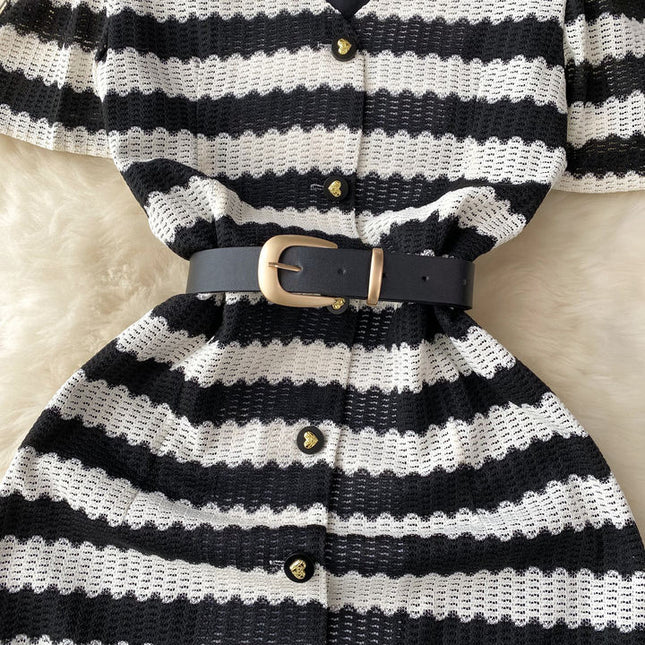 Vintage Style Striped Dress Women's Summer Hollow Single Breasted Design Sense of High Class Dress
