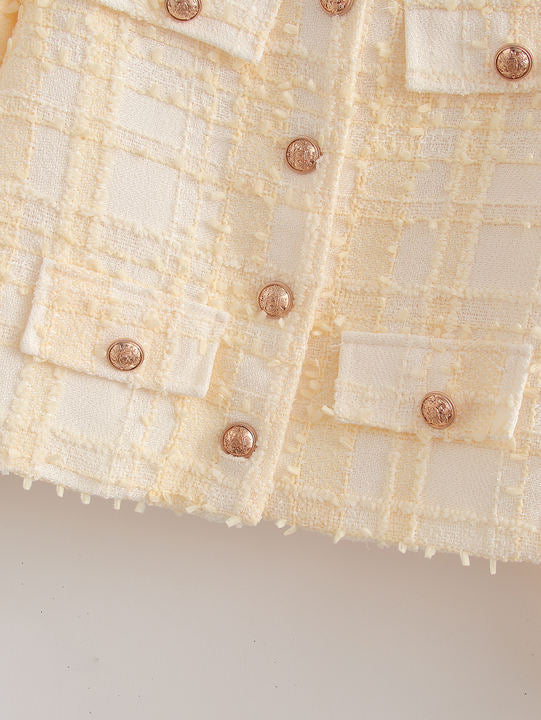 Crew Neck Beige Color Single Breasted Long Sleeve Hot Sale Casual Tweed Jacket for Women