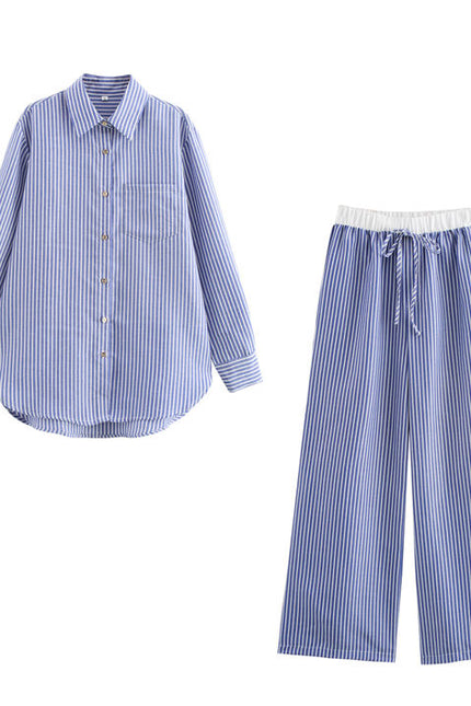Turn Down Collar Long Sleeve Buttons up Tops Blouse Drawstring Waist Long Pants Women Casual 2 Piece Set