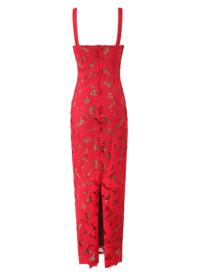 2 Colorway Floral Lace Solid Color Shoulder Strap Back Slit Casual Fashion Maxi Dress for Women