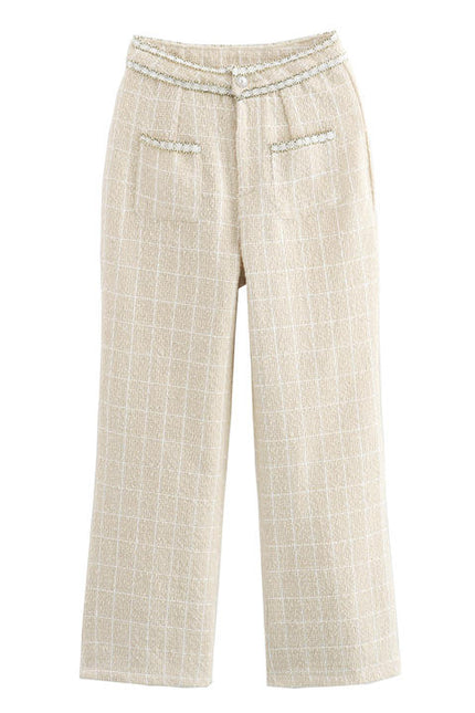 V Neck Single Breasted Vest Waistcoat Beige Color Plaid Pattern Long Pants Women Casual 2 Piece Set