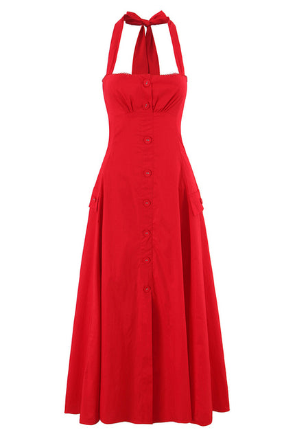 3 Colorway Back Hollow Out Red Color Sleeveless Casual Fashion Summer Long Halter Dress for Women