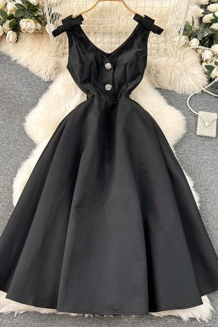 New Arrival Hepburn Fashion Trendy Bow Diamond V-neck Vestidos Women Elegant Summer Casual Dresses