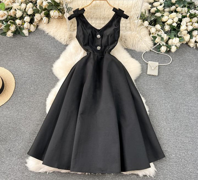 New Arrival Hepburn Fashion Trendy Bow Diamond V-neck Vestidos Women Elegant Summer Casual Dresses