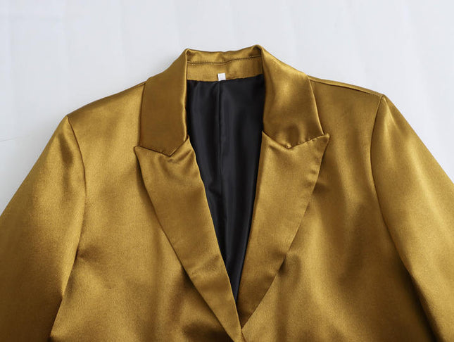 Single Breasted Gold Color Long Sleeve Notched Collar Casual Fashion Blazers for Women