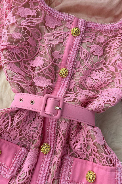 2025 Spring Summer Dress High Quality Women Allover Crochet Lace Embroidery Beading Button Bodycon Dress