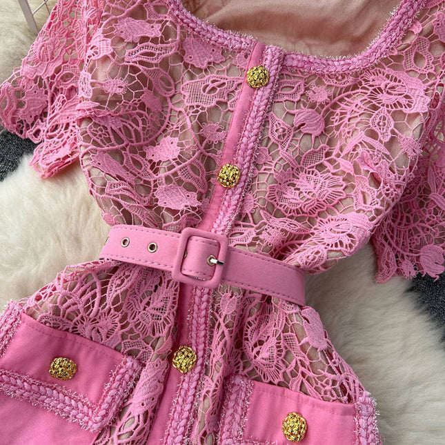 2025 Spring Summer Dress High Quality Women Allover Crochet Lace Embroidery Beading Button Bodycon Dress