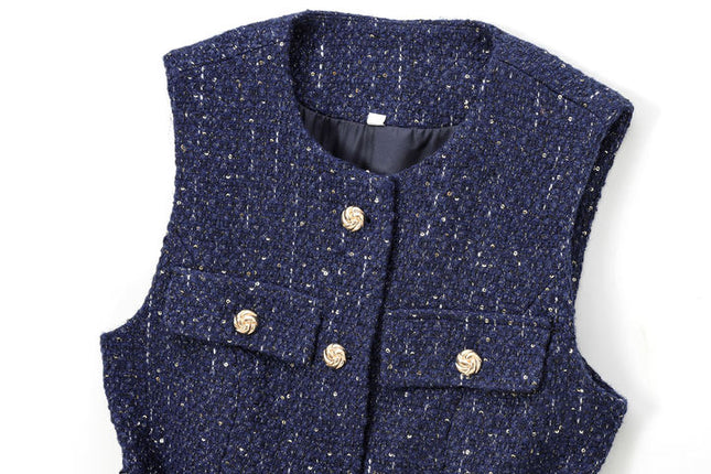 Crew Neck Buttons up Sashes Blue Color Casual Fashion Vest Waistcoat for Women
