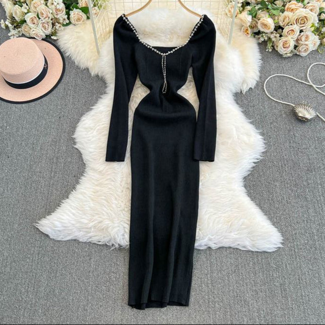 Knit Dress Women'S New Square Neck Sexy Slim Tight Dresses