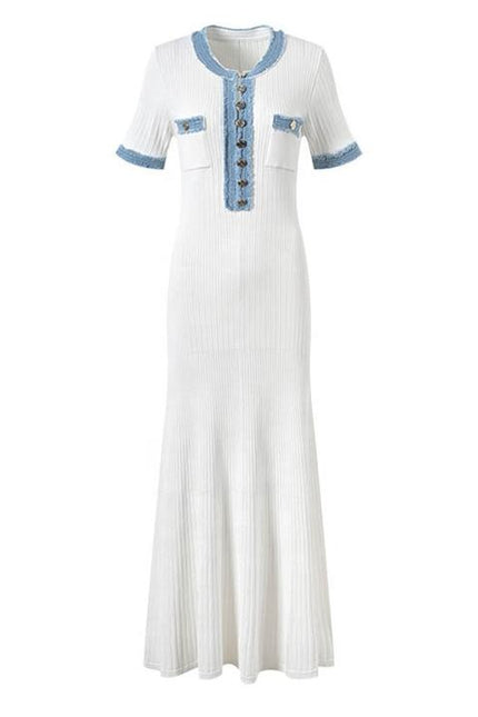 French Fashion Summer Models Denim Splicing Collision Color Knitted Dress Slim Long Dresses for Women