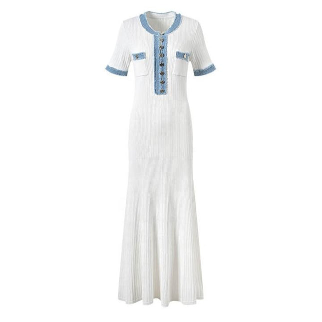 French Fashion Summer Models Denim Splicing Collision Color Knitted Dress Slim Long Dresses for Women
