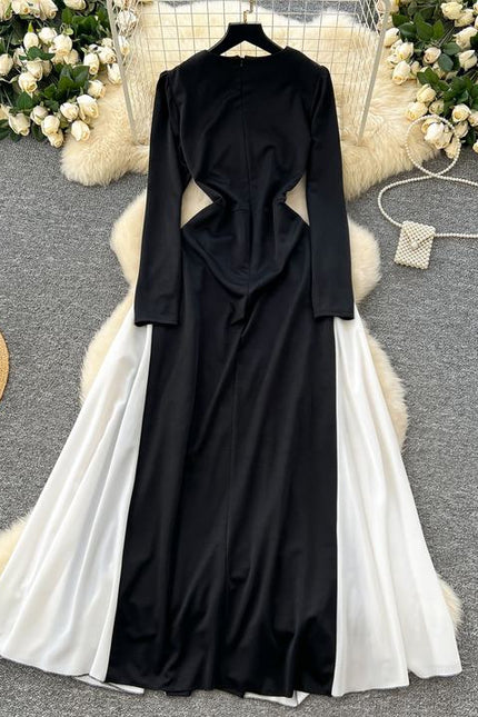 Elegant Women's Dresses New Black and White Color Clash Long Sleeve Patchwork Ruffle Long Dresses