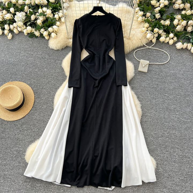 Elegant Women's Dresses New Black and White Color Clash Long Sleeve Patchwork Ruffle Long Dresses