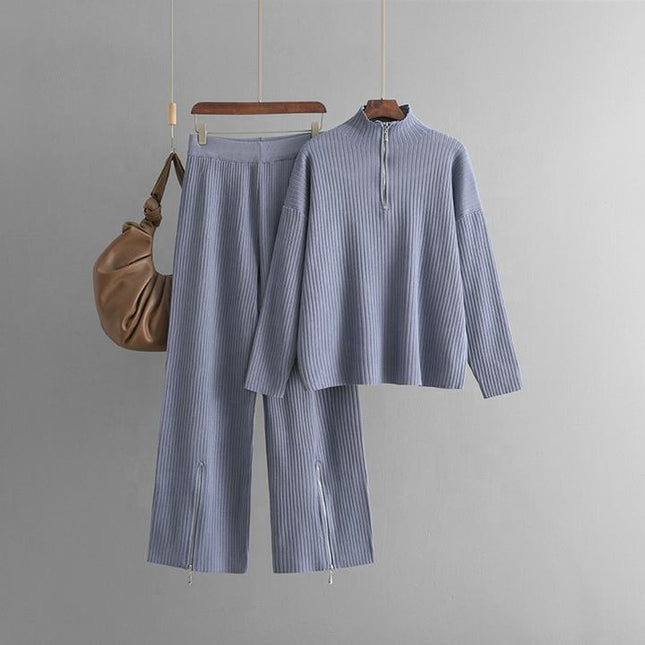 Stand Collar Long Sleeve Fashion Set Women's Autumn Winter Plain Loose Knit Sweater Two-piece Set