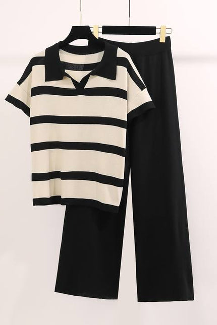 New Summer Colored Casual Fashion Knitted Top Loose Wide Leg Pants Knitted Set