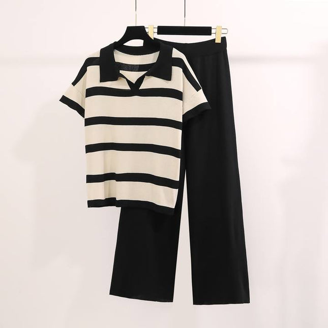 New Summer Colored Casual Fashion Knitted Top Loose Wide Leg Pants Knitted Set
