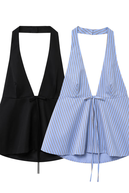 2 Colorway Back Hollow Out Front Lace up Casual Fashion Women's Halter Tank Top