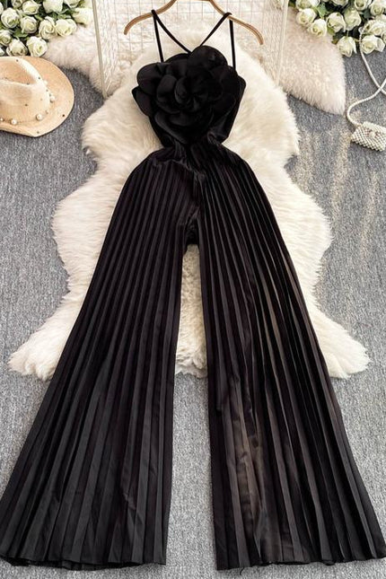 Beach Vacation Super fairy Three-dimensional Flower Jumpsuit Women's Summer High Waist Slimming Halter Pleated Wide Leg Pants