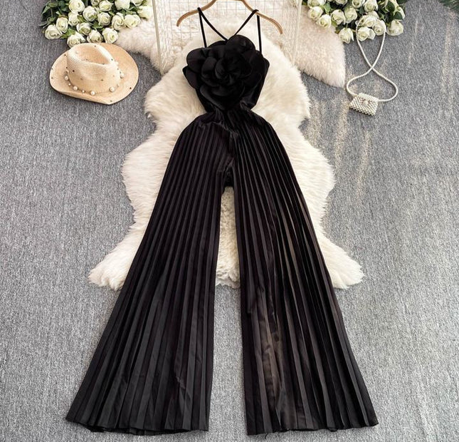 Beach Vacation Super fairy Three-dimensional Flower Jumpsuit Women's Summer High Waist Slimming Halter Pleated Wide Leg Pants