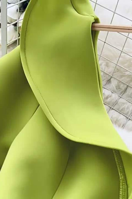Women's Green V-Neck Ruffle Patchwork Flared Sleeve Split Party Dresses