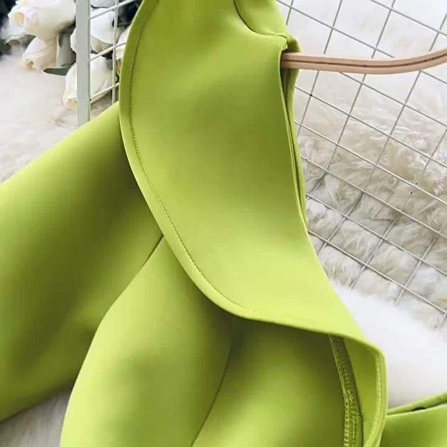 Women's Green V-Neck Ruffle Patchwork Flared Sleeve Split Party Dresses