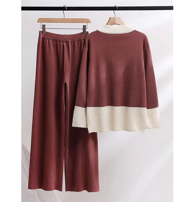 Women Autumn Wear New Korean Version of Loose Thick Fashion Knitting Wide-Leg Pants Sweater Two-Piece Set