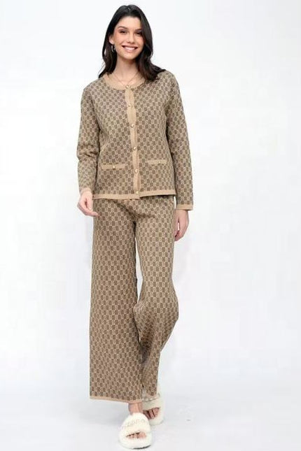 Retro Jacquard Set Women's Fragrant Style Sleeveless Knitted Shoulder Sweater Cardigan Coat Wide Leg Pants 3-Piece Set