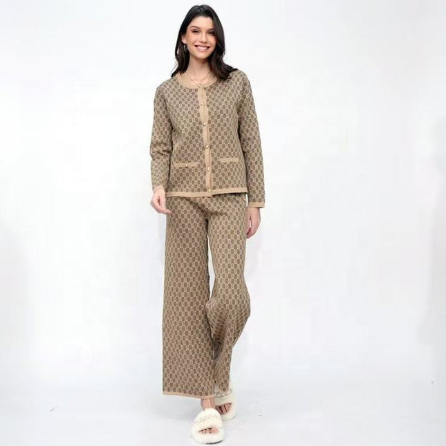 Retro Jacquard Set Women's Fragrant Style Sleeveless Knitted Shoulder Sweater Cardigan Coat Wide Leg Pants 3-Piece Set