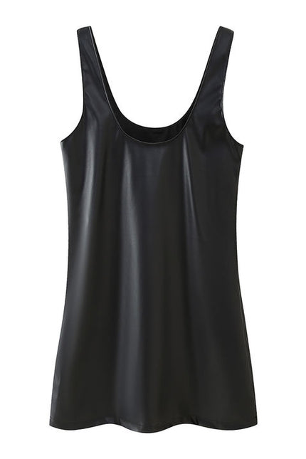 Shoulder Strap Beading Black Color Sleeveless Casual Fashion PU Leather Mini Dress for Ladies