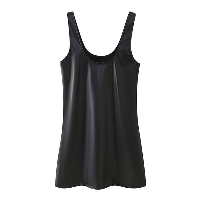 Shoulder Strap Beading Black Color Sleeveless Casual Fashion PU Leather Mini Dress for Ladies