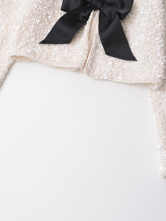 2 Colorway Solid Color Front Bow Tie Crew Neck Long Sleeve Sequin Casual Fashion Women's Jacket