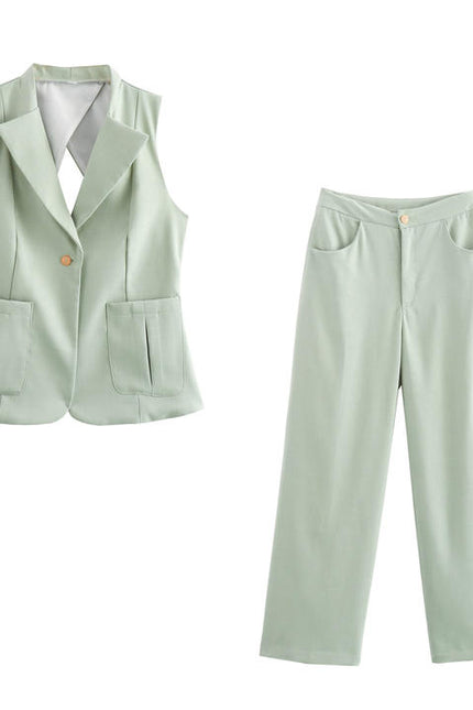 Back Hollow Out Single Button Notched Collar Vest Green Color Pants Casual Women 2 Piece Set