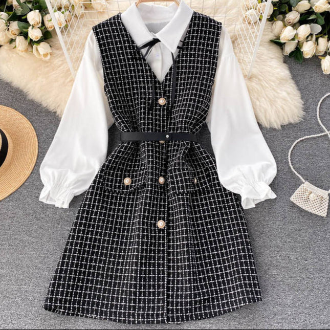 Autumn New Suit Women's Puff Sleeve Shirt Strap Dress Design Sense Two-piece Set
