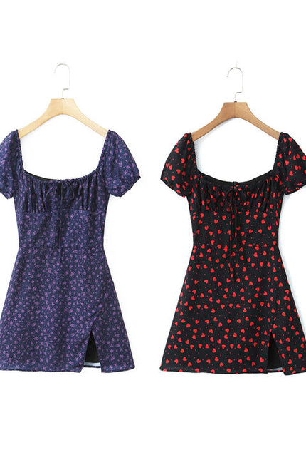2 Colorway Short Sleeve Floral Print Front Slit Casual Fashion Summer Mini Dress for Women