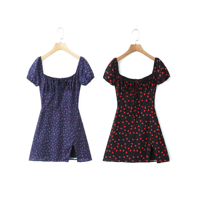 2 Colorway Short Sleeve Floral Print Front Slit Casual Fashion Summer Mini Dress for Women